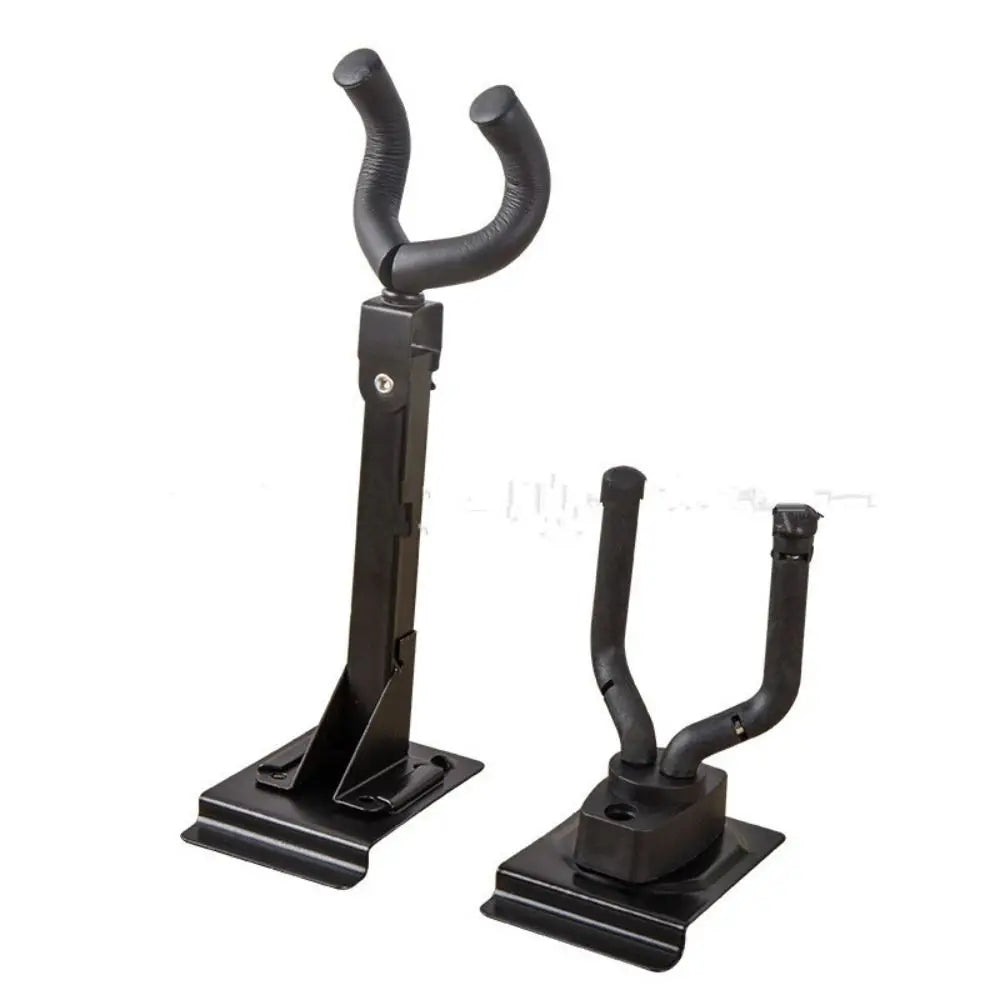 Black metal guitar hanger hook with padded curved arms and flat base for ukulele violin stand and display rack bass