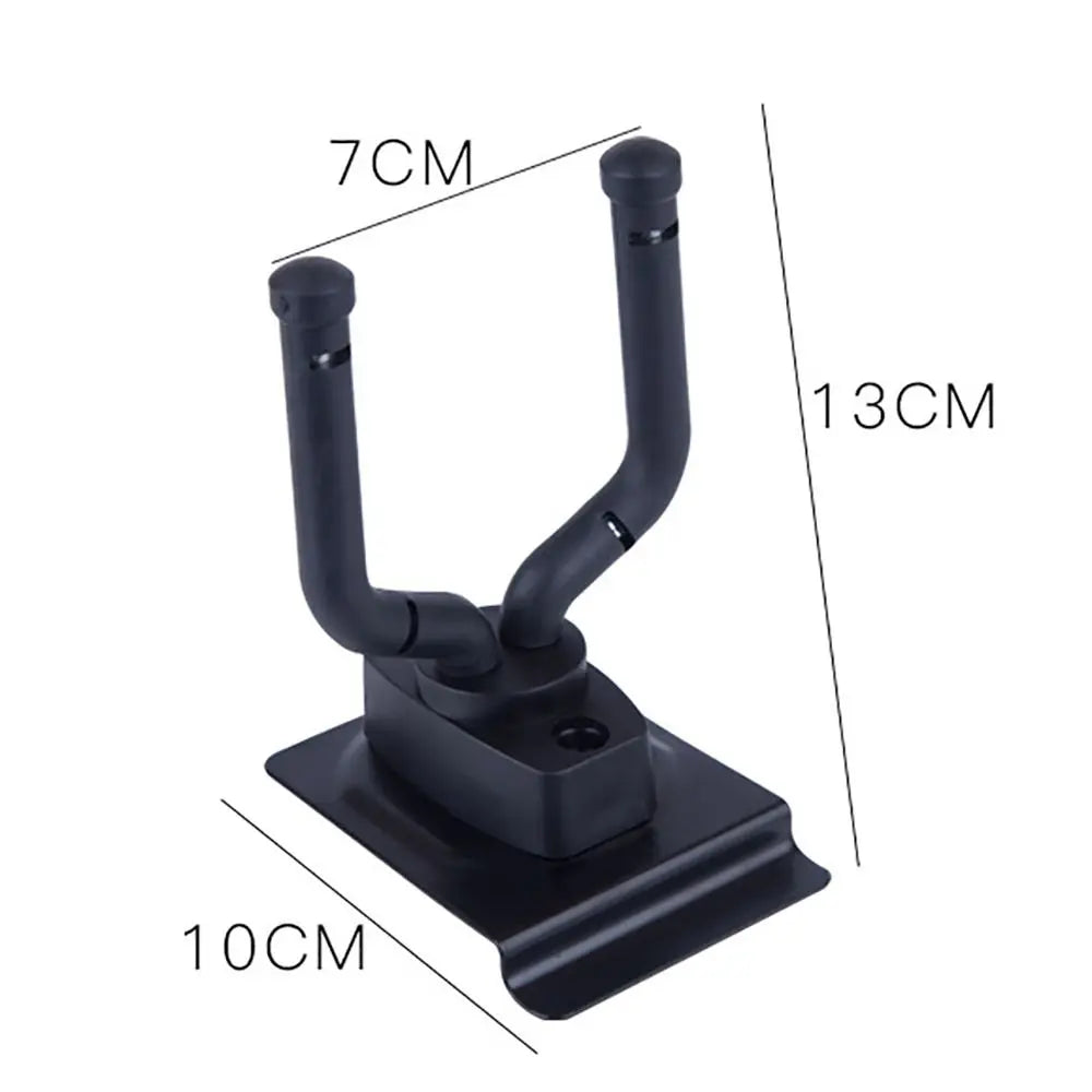 Black plastic guitar hanger hook with rectangular base and curved arms for ukulele violin stand and display rack bass