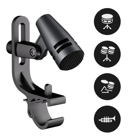 Professional metal wired drum mic E604 with black mesh grille and clip arm mount for guitar and drummer recording