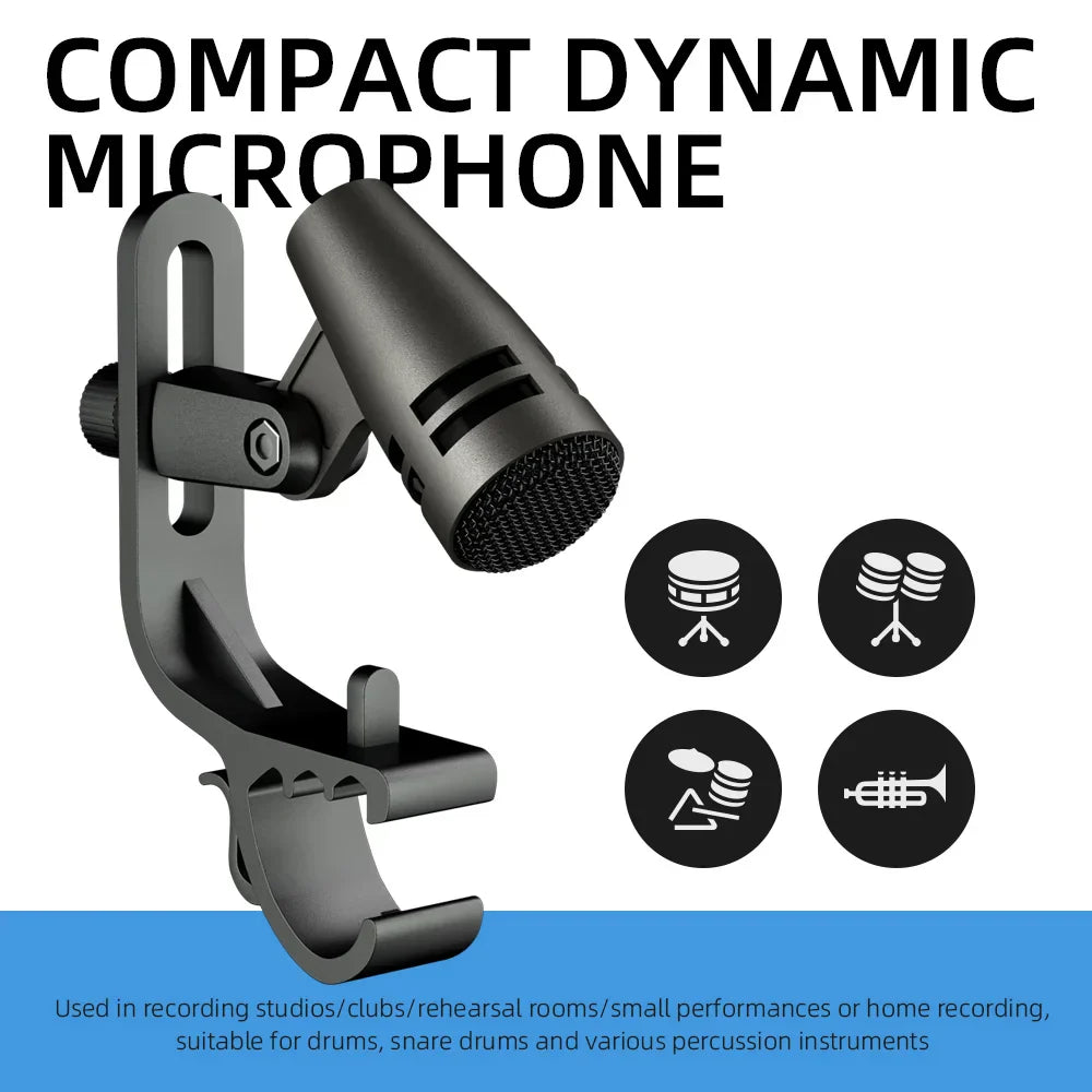 Black professional metal wired drum mic e604 with durable design and clip arm mount for secure percussion attachment