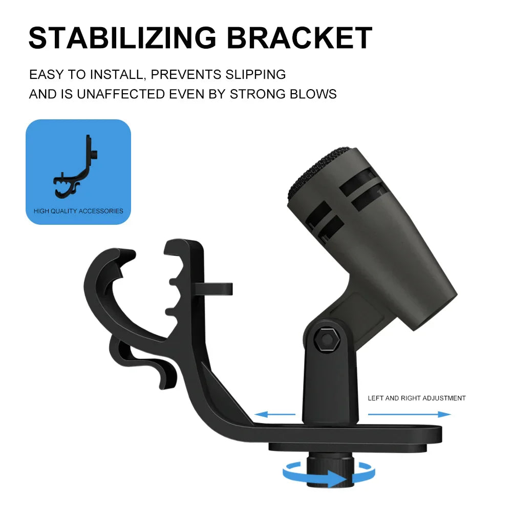 Black plastic stabilizing bracket with adjustable clamp for professional metal wired drum mic e604 clip arm mount