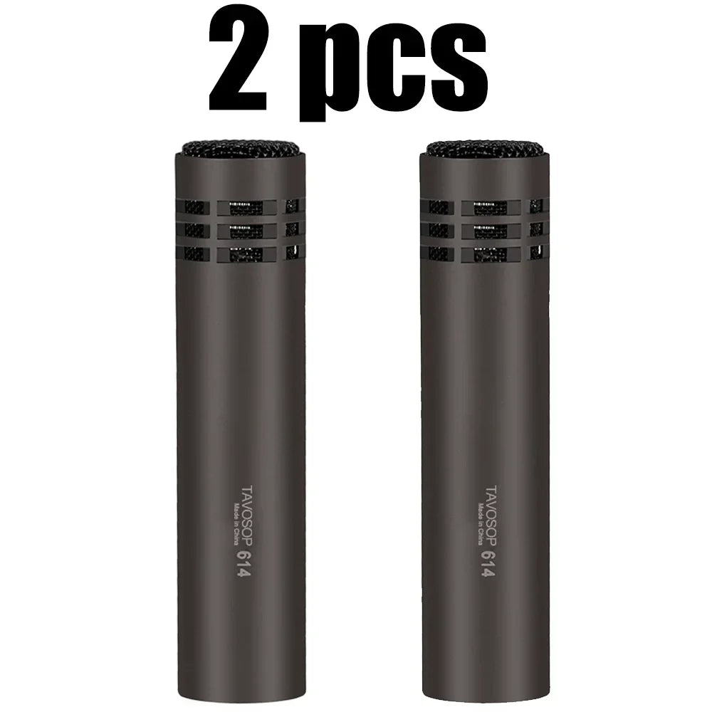 Two matte black professional metal wired drum mic e614 studio condenser microphones with textured grille and clip arm mount