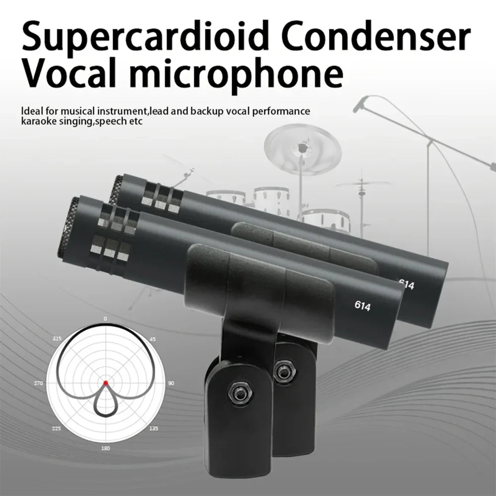 Black supercardioid condenser drum mic e614 with professional metal wired design and clip arm mount for guitar drummer