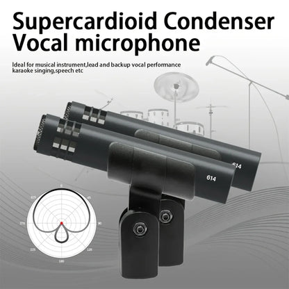 Black supercardioid condenser drum mic e614 with professional metal wired design and clip arm mount for guitar drummer