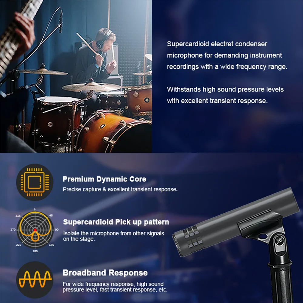 Black supercardioid electret condenser microphone with textured grip professional metal wired drum mic e614 with clip arm mount
