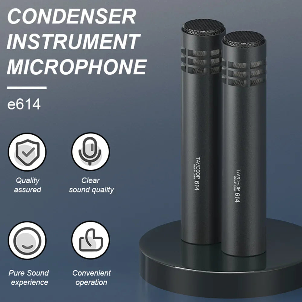 Two sleek black professional metal wired drum mic e614 condenser microphones with clip arm mount for instrument recording