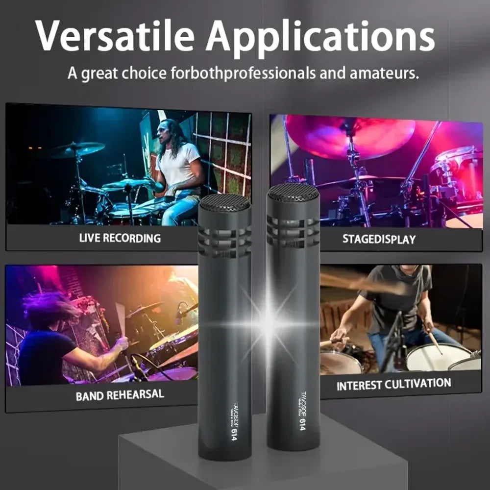 Two sleek black takstar b14 professional metal wired condenser drum mic e614 with metallic mesh and clip arm mount
