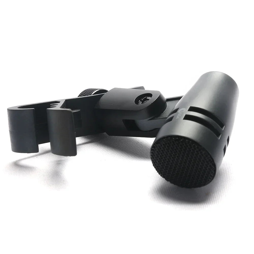 Black plastic drum microphone clip with adjustable clamp and mesh grille for professional mic music and dynamic drums microphone