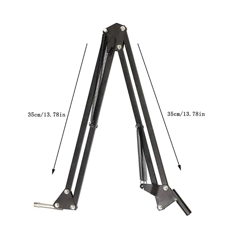 Black professional recording microphone boom arm stand with spring-loaded joints and metallic hardware for studio use