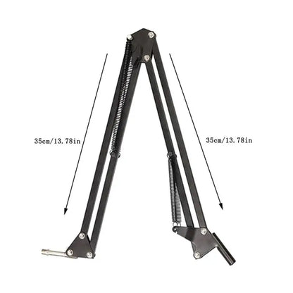 Black professional recording microphone boom arm stand with spring-loaded joints and metallic hardware for studio use