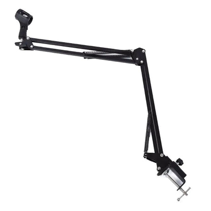 Black adjustable professional mic recording boom arm stand with clamp base and articulated joints for flexible positioning