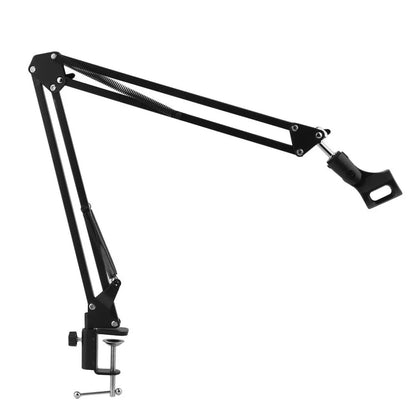 Black adjustable professional mic recording microphone suspension boom with clamp base and articulated joints for studio use