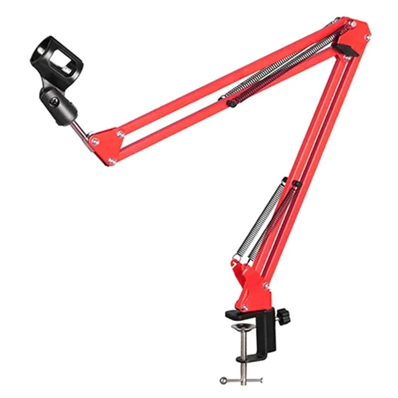 Red adjustable professional recording microphone boom arm with black clamp for studio microphone stand use
