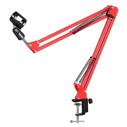 Red adjustable professional recording microphone boom arm with black clamp for studio microphone stand use