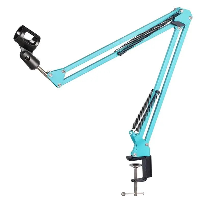Teal adjustable microphone arm with black and silver hardware professional recording microphone stand for studio use