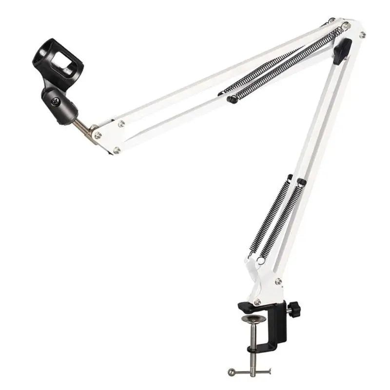 White and black adjustable professional recording microphone arm with spring-loaded joints for studio broadcast use