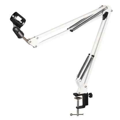 White and black adjustable professional mic recording suspension boom arm stand with spring-loaded joints for studio use