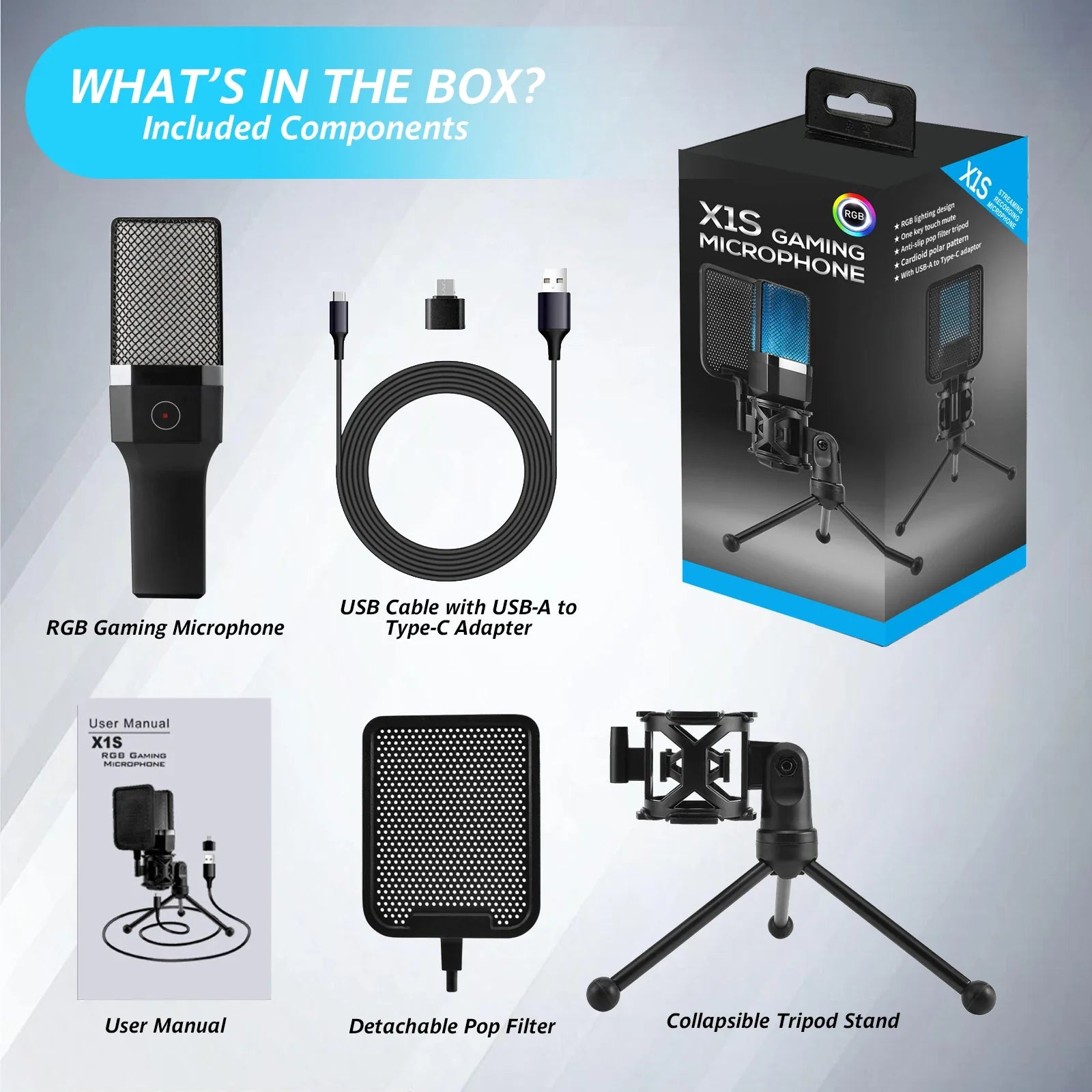 Black condenser gaming mic with mesh grille and silver accent band for professional microphone condenser use in streaming studio podcast