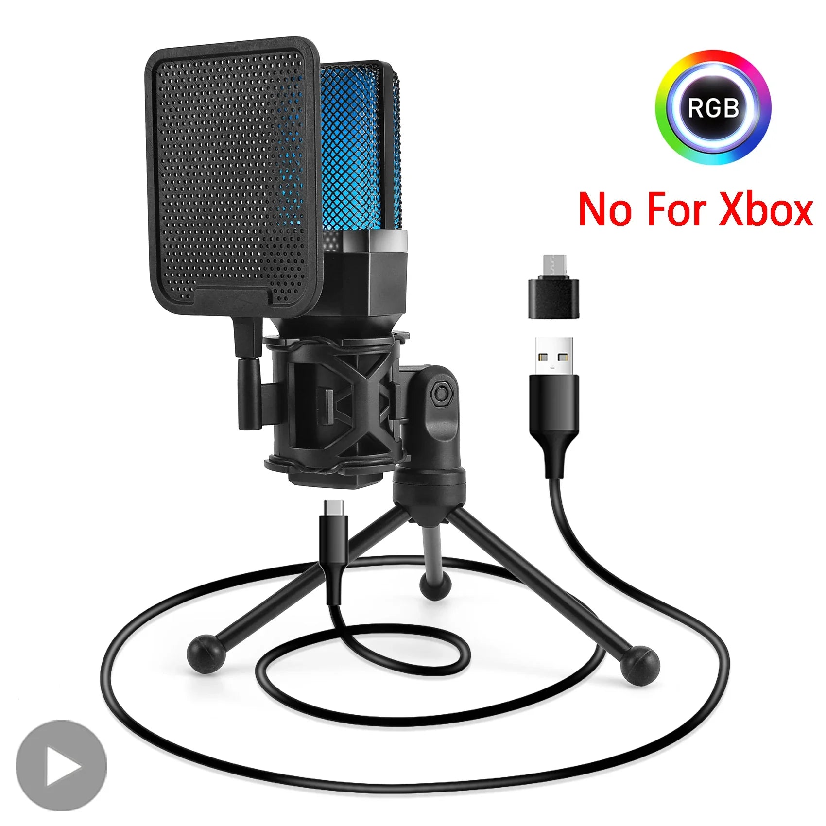 Black usb professional microphone condenser with blue mesh grille and pop filter on tripod for streaming studio podcast