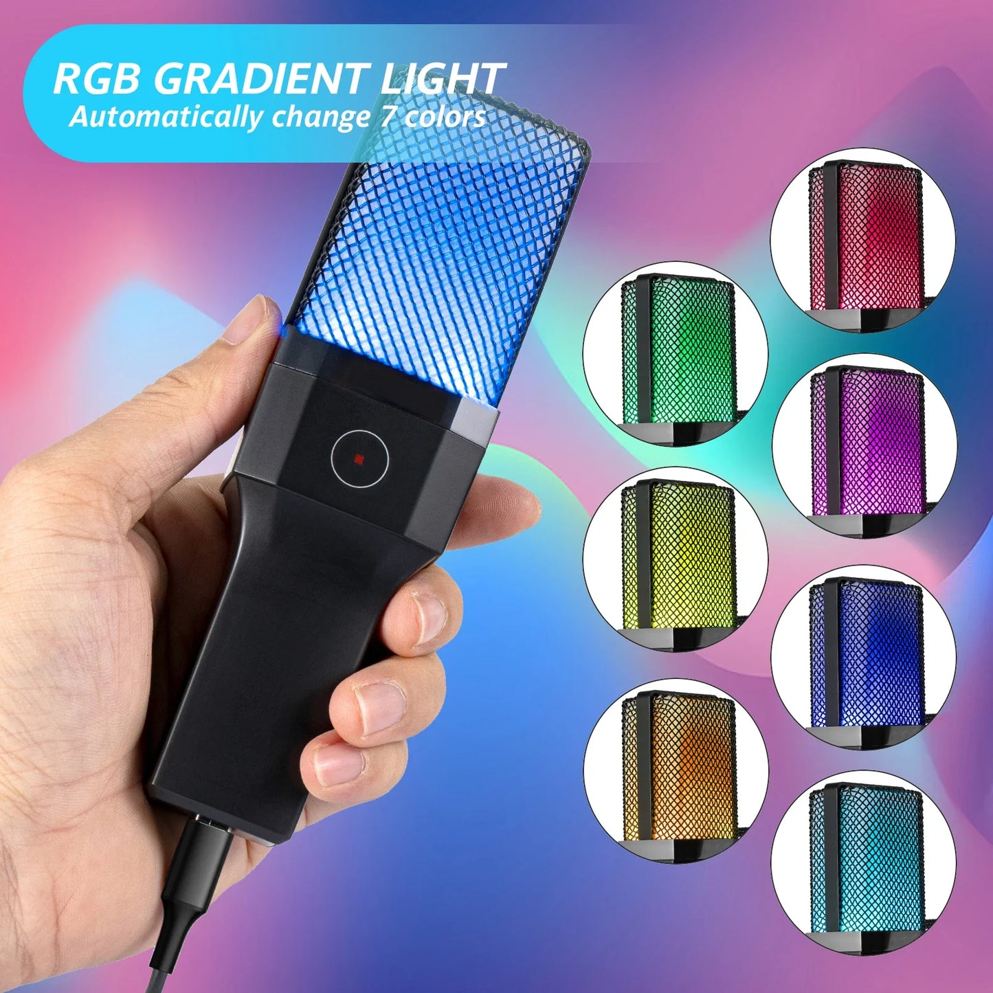 A sleek black professional microphone condenser with rgb gradient light and mesh grille for streaming studio podcast