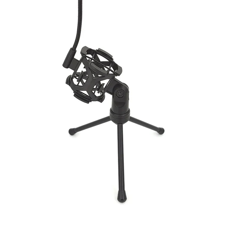 Black professional microphone desktop stand with adjustable shockproof tripod mount for studio recording use