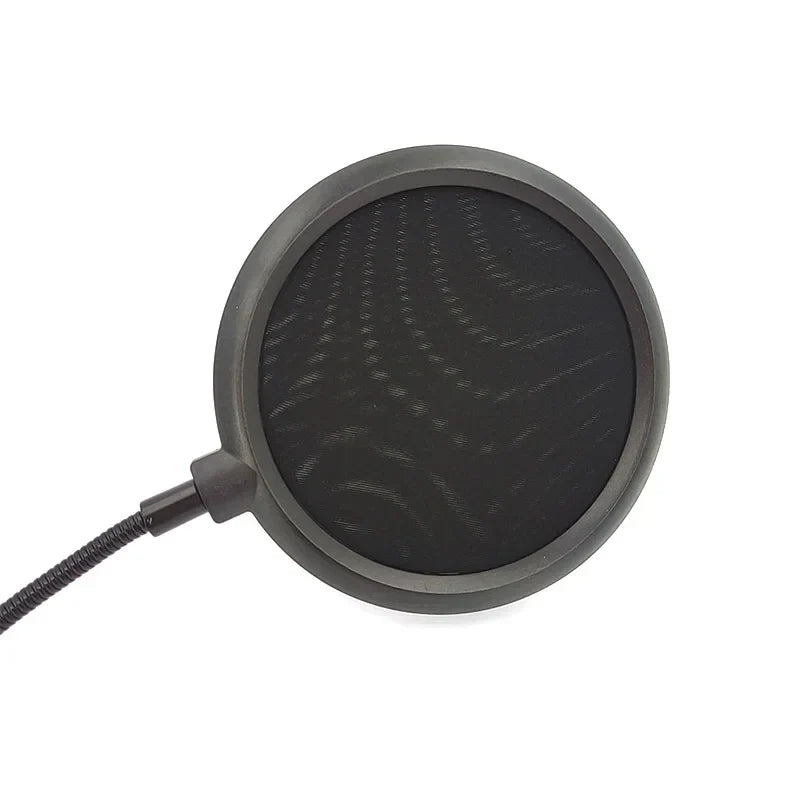 Black circular microphone pop filter with mesh screen and flexible cable for professional microphone desktop use