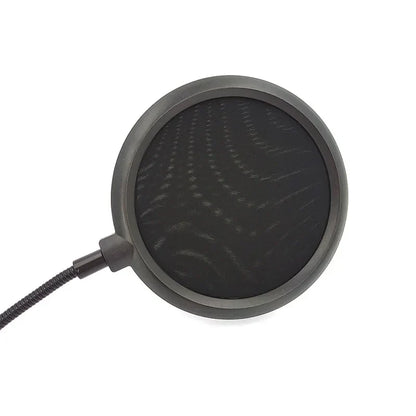 Black circular microphone pop filter with mesh screen and flexible cable for professional microphone desktop use