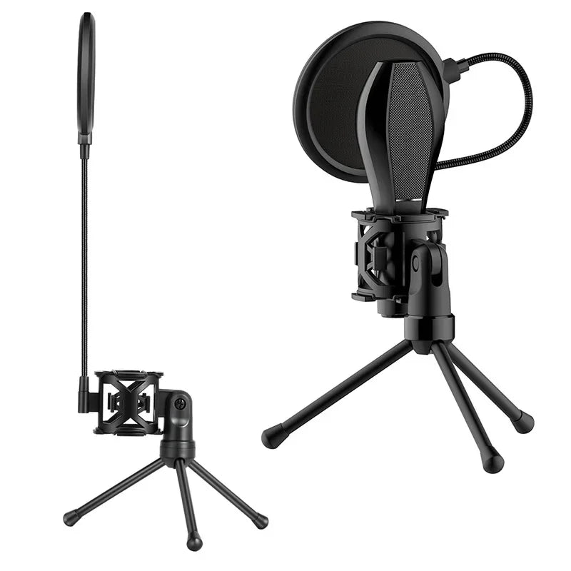 Black professional microphone desktop with pop filter on adjustable shockproof tripod table microphone holder stand