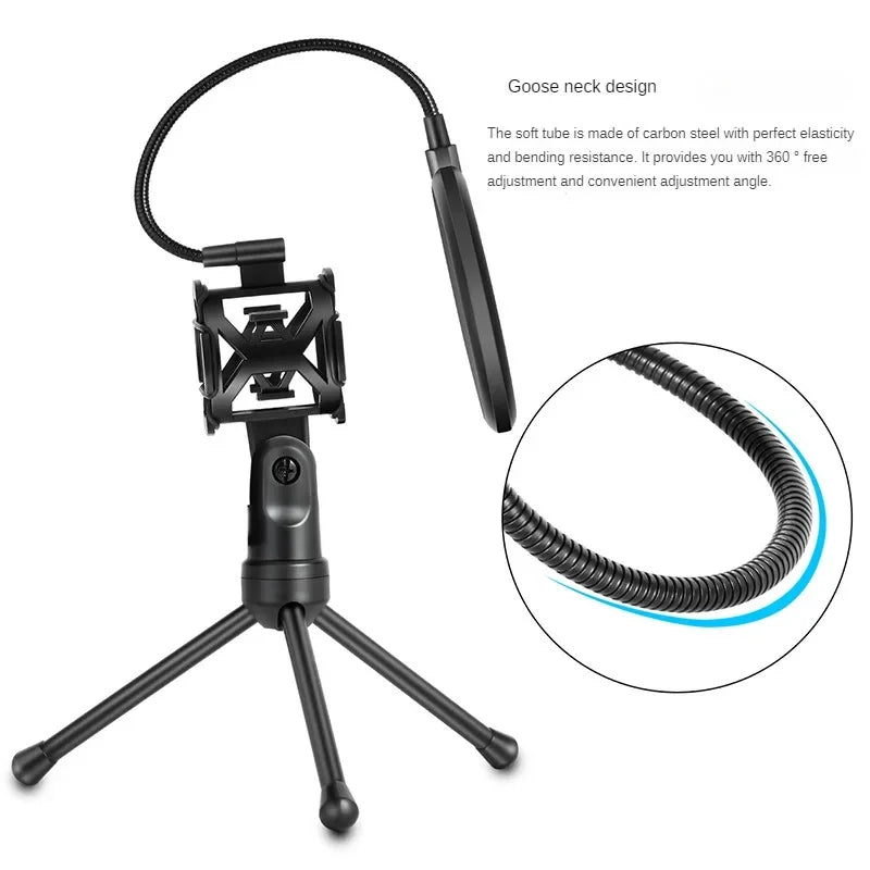 Black professional microphone desktop stand with flexible carbon steel neck and adjustable shockproof tripod base holder