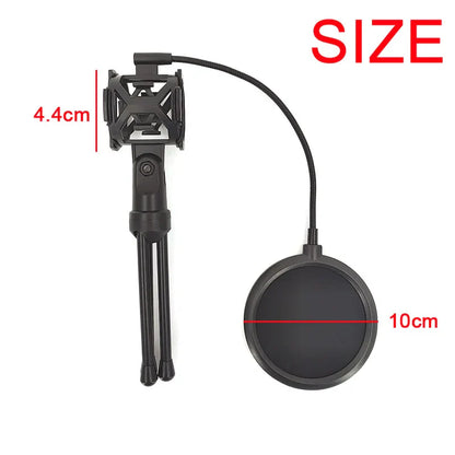 Black plastic professional microphone desktop pop filter with flexible gooseneck and adjustable shockproof tripod stand