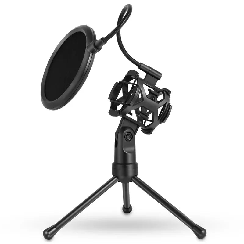 Black professional microphone desktop stand with adjustable shockproof tripod, pop filter, and table microphone holder