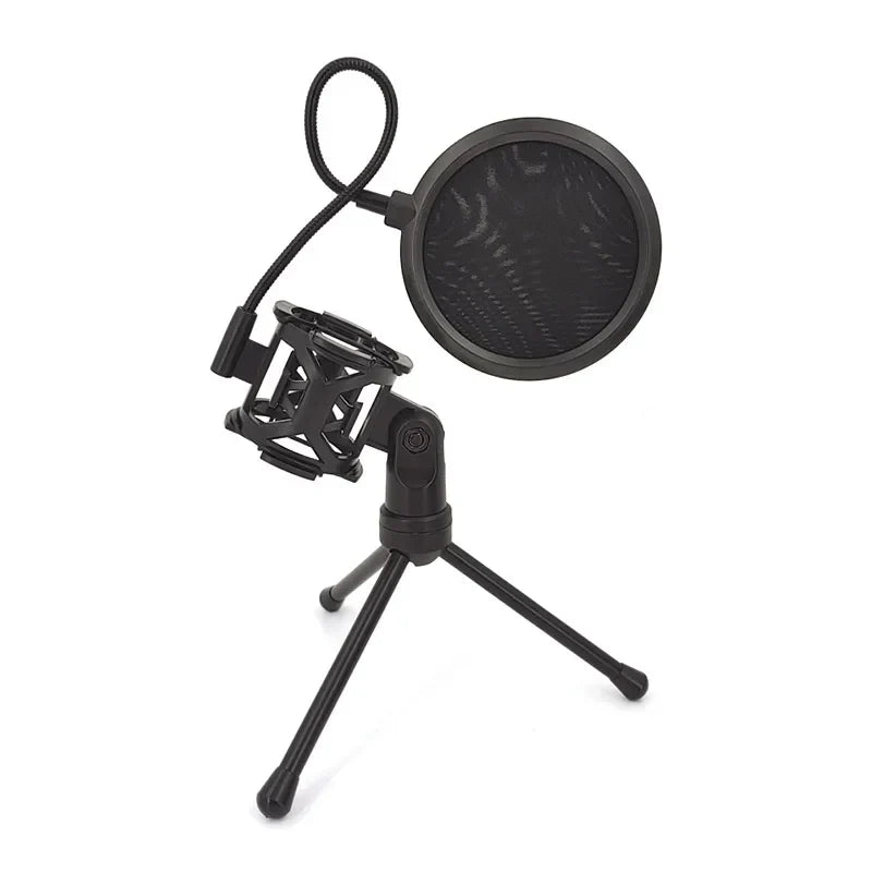 Black professional microphone desktop stand with adjustable shockproof tripod and pop filter for table microphone holder