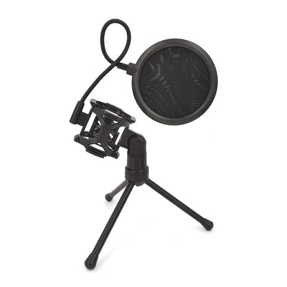 Black professional microphone desktop stand with adjustable shockproof tripod and pop filter for table microphone holder