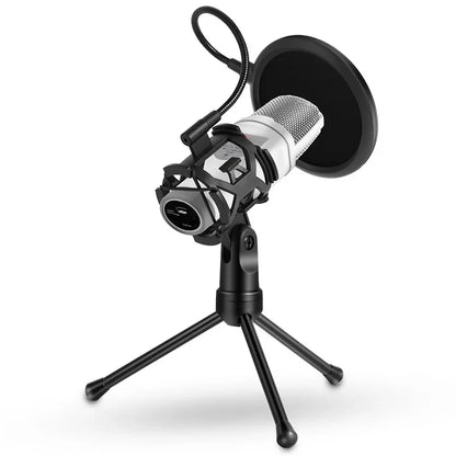 Silver and black professional microphone desktop with adjustable shockproof tripod and table microphone holder for recording