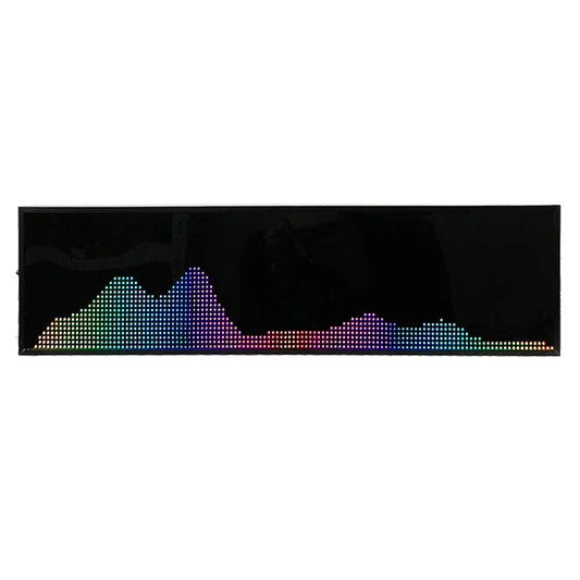 A sleek black rectangular led music rhythm spectrum display with a vibrant rainbow-colored waveform pattern