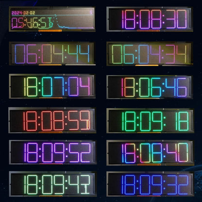 Colorful led digital clocks with vibrant multi-color displays on a professional music spectrum adjustable wireless pickup instrument