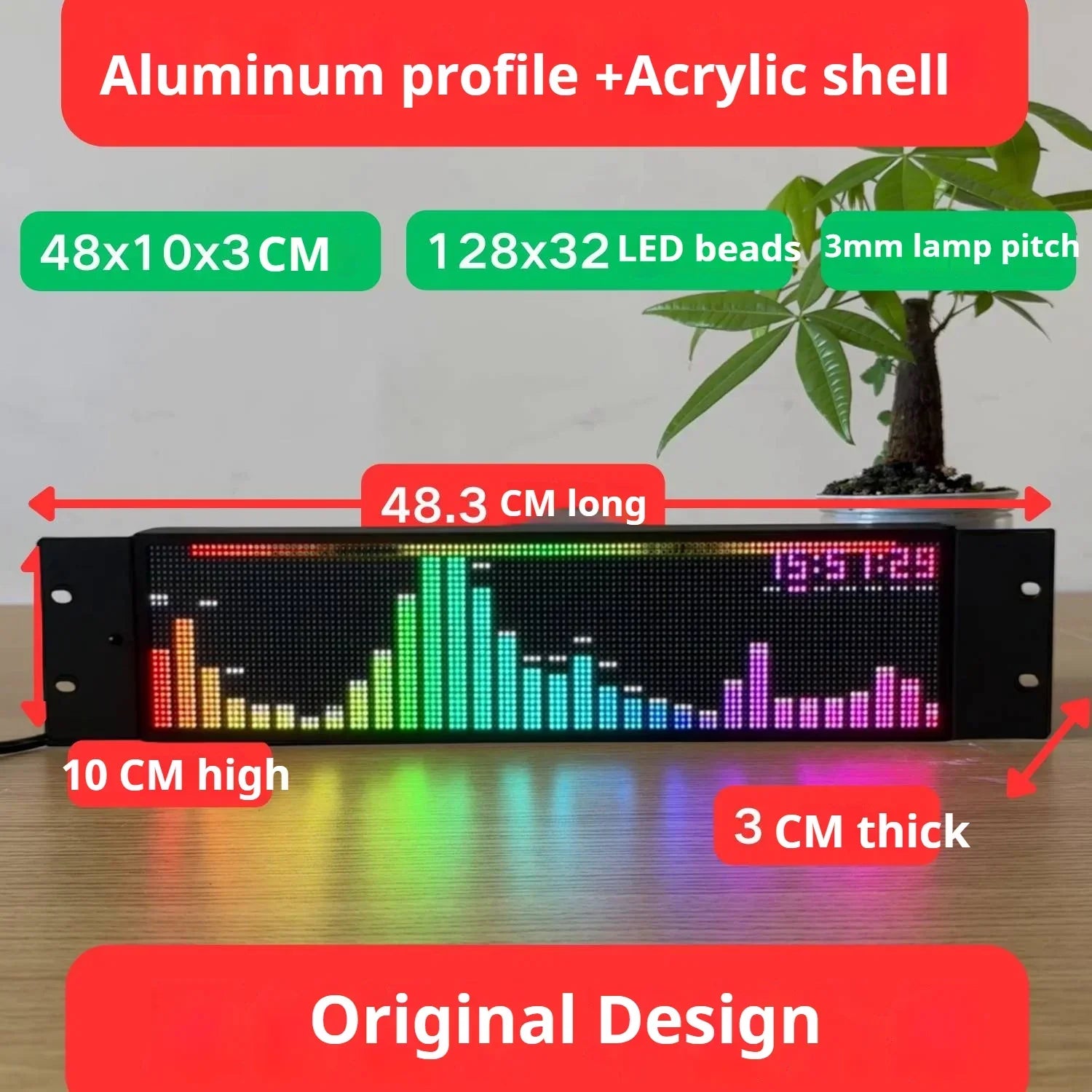Professional music spectrum display instrument with black aluminum frame acrylic shell and adjustable wireless pickup
