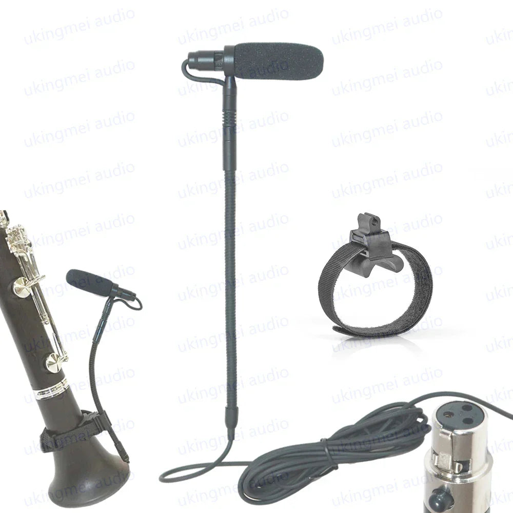 Black handheld instrument condenser gooseneck microphone with foam windscreen and shock mount for guitar saxophone violin cello bass clarinet