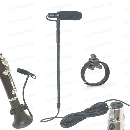 Black handheld instrument condenser gooseneck microphone with foam windscreen and shock mount for guitar saxophone violin cello bass clarinet