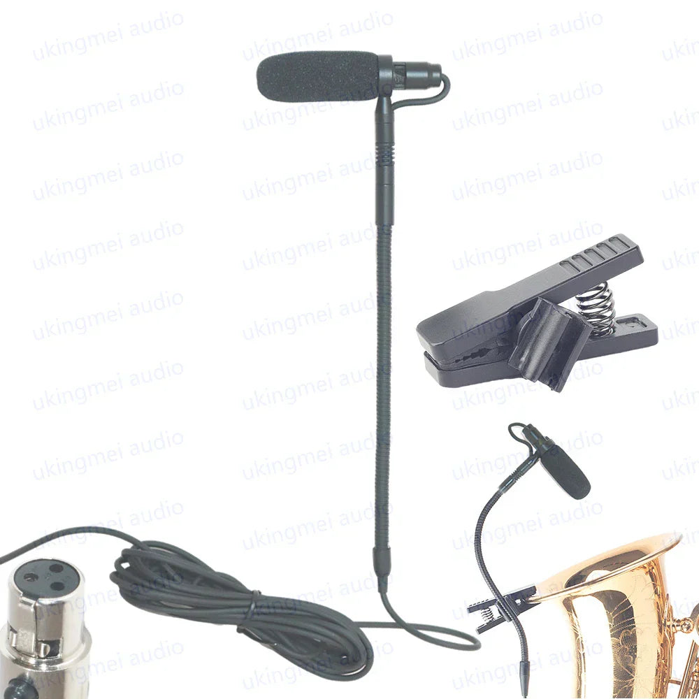 Black lavalier instrument condenser gooseneck microphone with adjustable clip for guitar saxophone violin cello bass clarinet