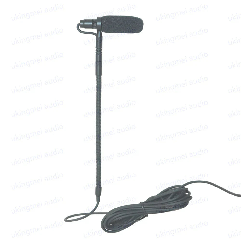 Black instrument condenser gooseneck microphone with foam windscreen and coiled cable for guitar saxophone violin cello bass clarinet