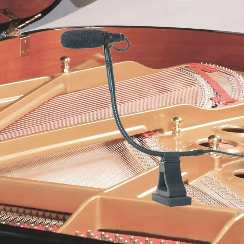 Black instrument condenser gooseneck microphone with foam windscreen mounted on piano for guitar saxophone violin cello bass clarinet