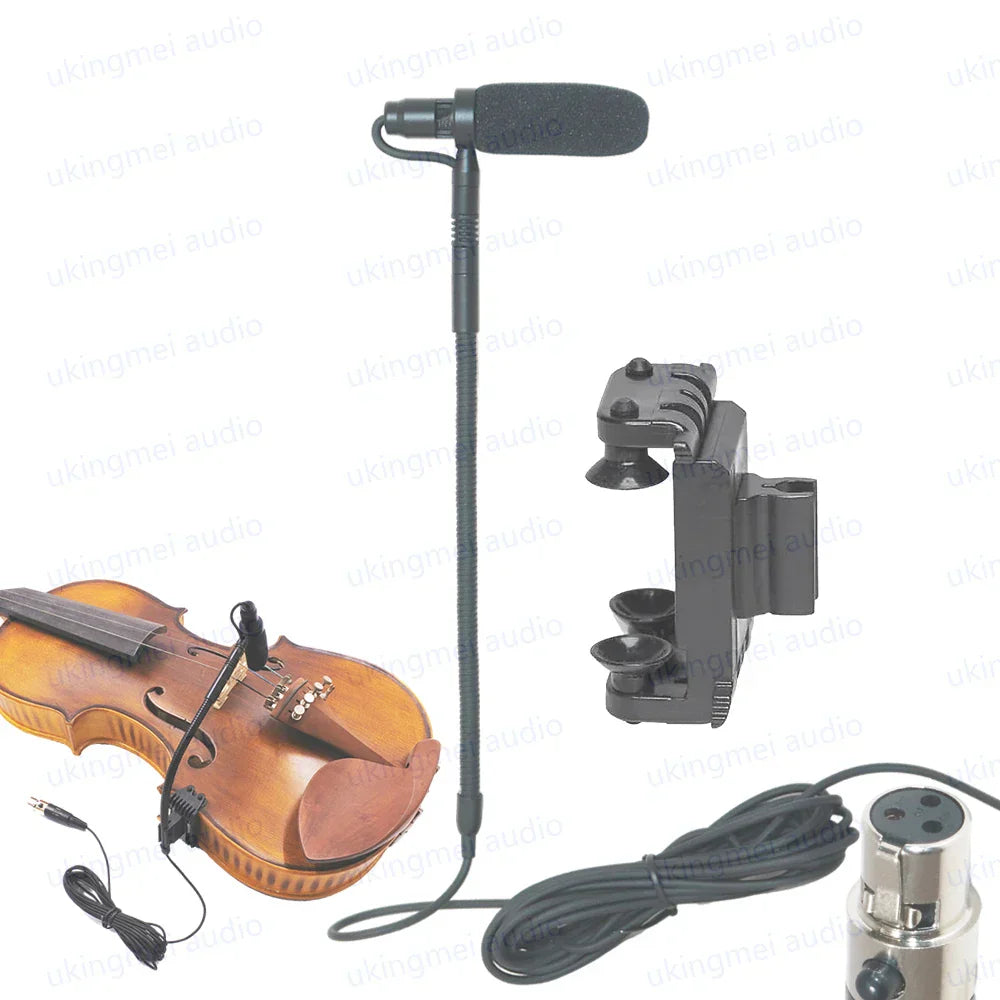 Black instrument condenser gooseneck microphone with shock mount and cable for guitar saxophone violin cello bass clarinet recording