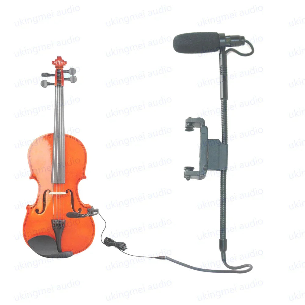 A sleek black instrument condenser gooseneck microphone with clip mount for guitar saxophone violin cello bass clarinet