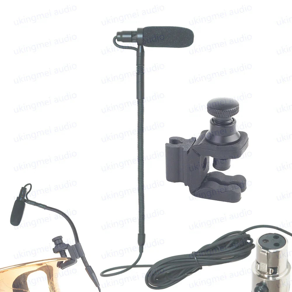 Black instrument condenser gooseneck lavalier microphone with foam windscreen and adjustable clip for guitar saxophone violin cello bass clarinet