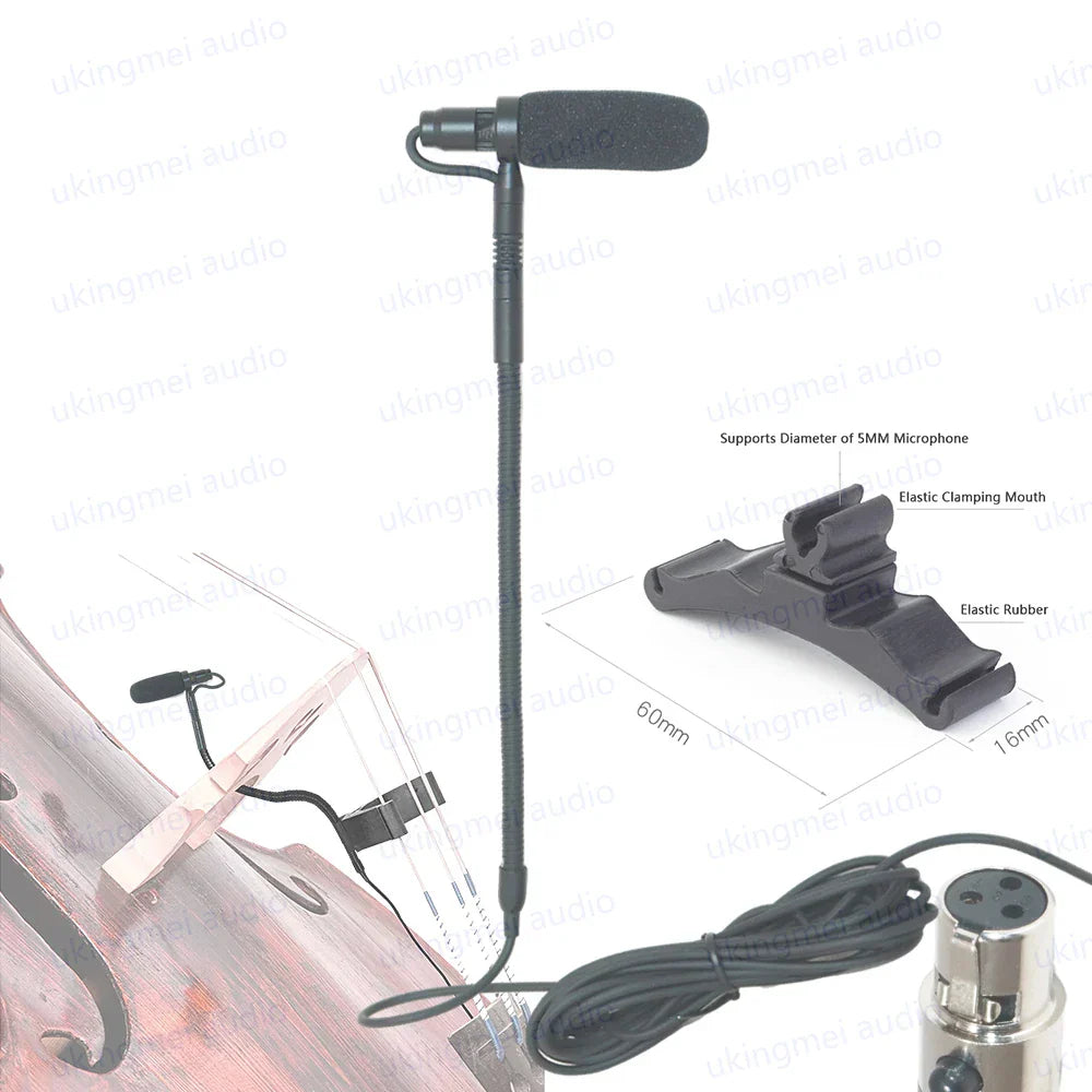 Black handheld instrument condenser gooseneck microphone with foam windscreen and flexible shock mount for guitar saxophone violin cello bass clarinet