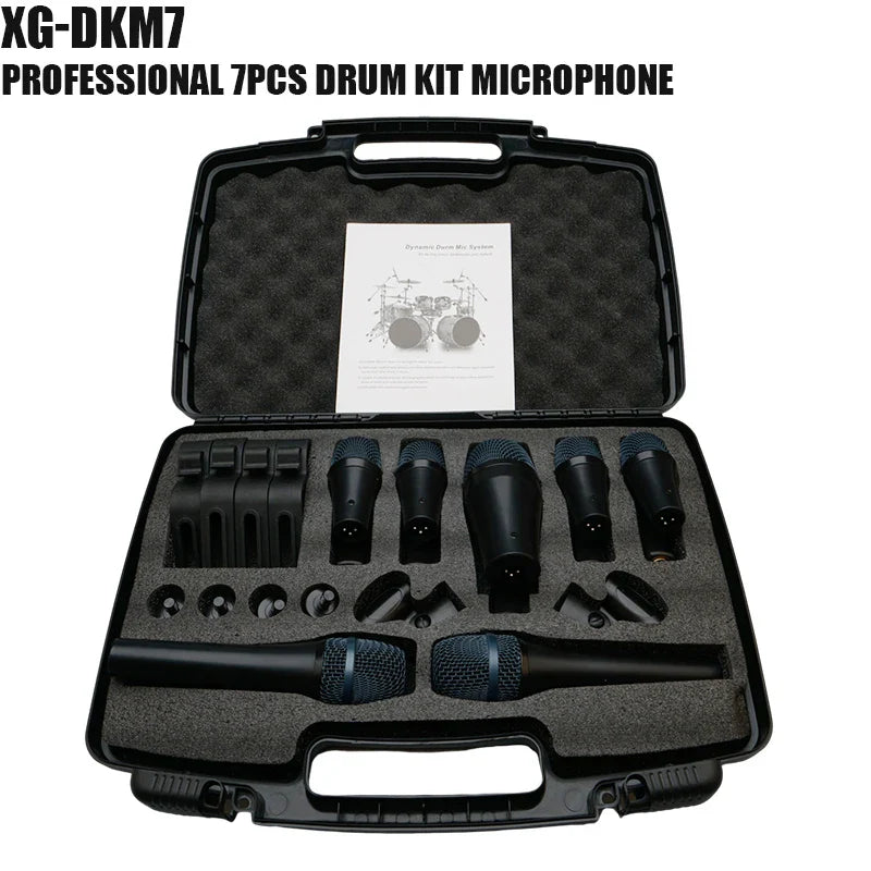 Black professional musical instruments wired microphone mic drum set with standard mounting accessories in hard case foam insert