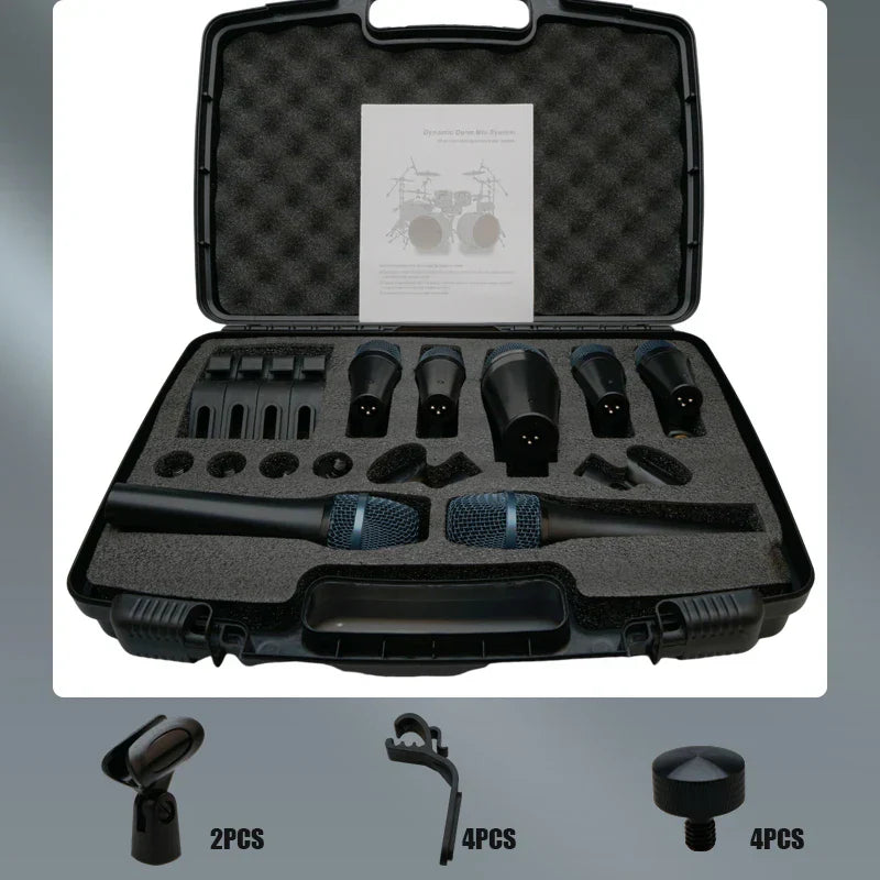 Black hard-shell case containing a professional musical instruments drum set wired microphone mic kit with blue mesh microphones and standard mounting accessories