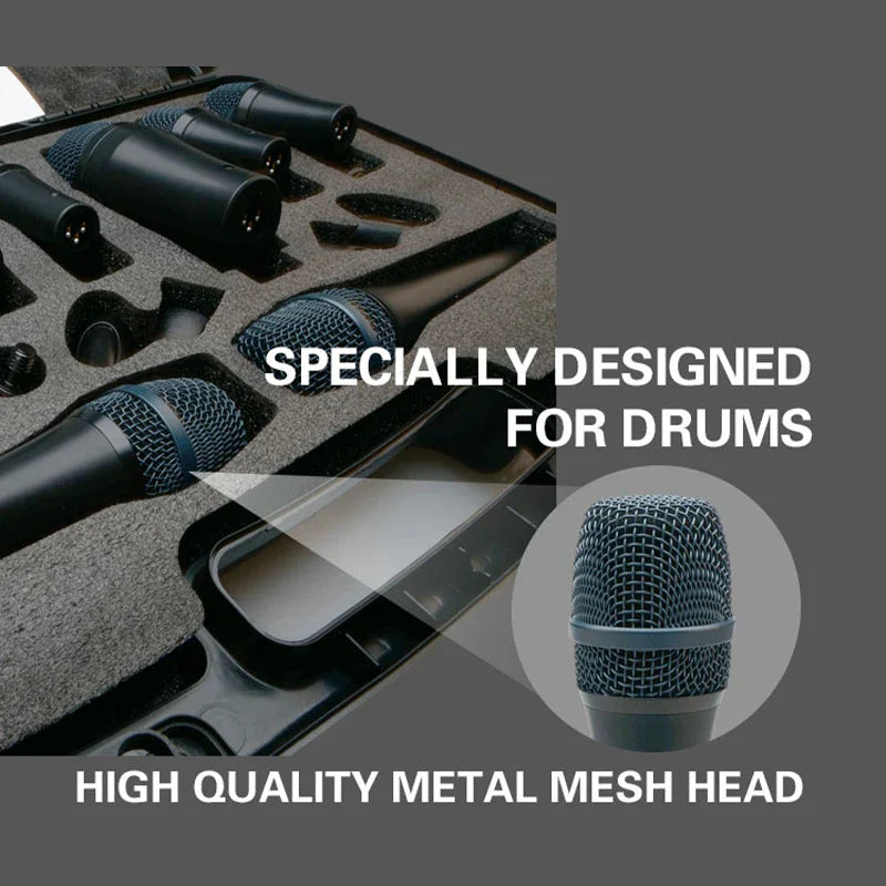 Professional musical instruments black drum wired microphone mic with metal mesh head in foam case with standard mounting accessories