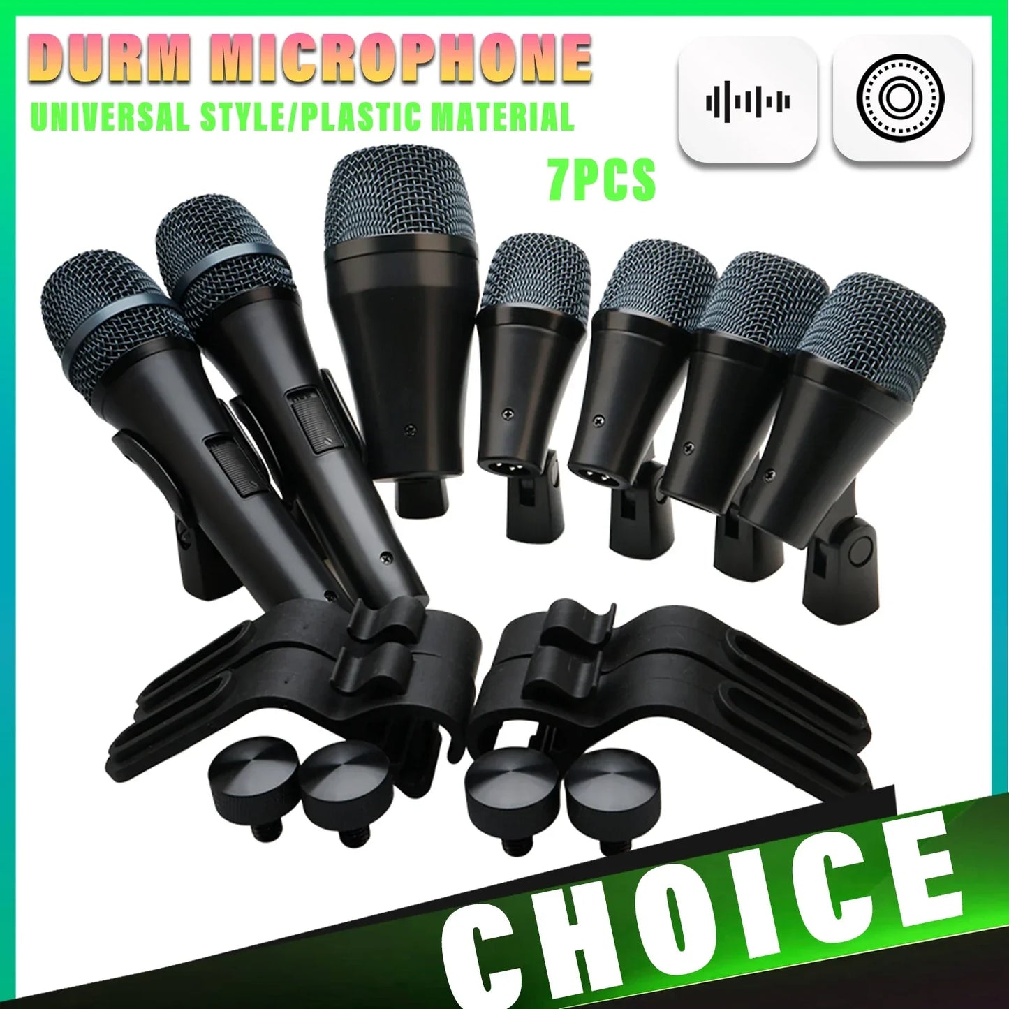 Set of seven black plastic wired microphone mics with mesh grilles and standard mounting accessories for professional musical instruments